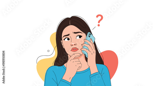 Confused young woman holding smartphone and looking up with thoughtful expression while thinking about problem or question.