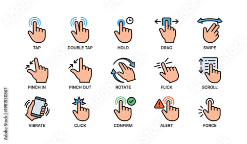 Set of hand gesture icons for touchscreen interactions