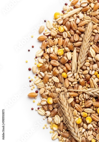Detailed close-up texture of various dried cereal grains creating a rustic, natural, and wholesome food background perfect for concepts, heap, background, harvest