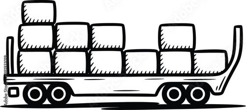 A flatbed truck trailer hauling a large heavy load of stacked cardboard delivery shipping boxes