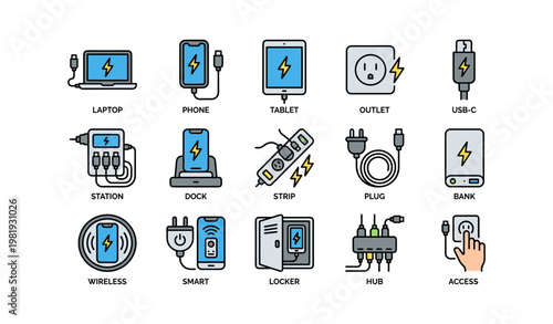 Electronic devices and accessories illustrations: laptop, phone, tablet, outlet, usb-c