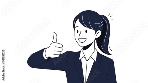 Young businesswoman in formal suit giving thumbs up gesture with confident smile and professional appearance in office setting.