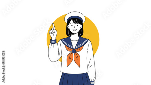 Smiling Japanese schoolgirl wearing sailor uniform pointing finger upwards while standing against yellow circle background.