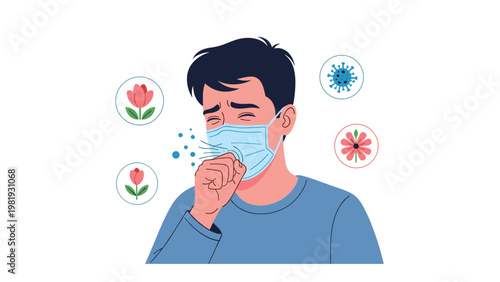 Sick man wearing medical face mask coughing into hand with virus icons and flower icons representing allergies or infection.