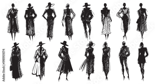 Set of fashion sketches of women in stylish coats and hats