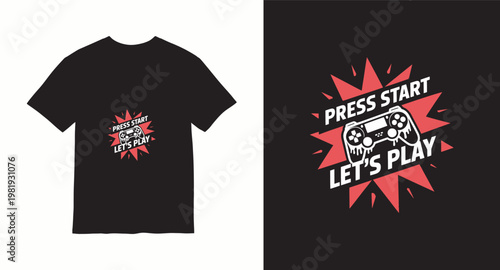 Press start let's play t-shirt design with controller and starburst.