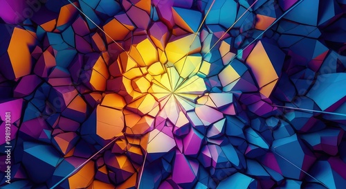 Dynamic composition of broken geometric shapes, creating a complex, colorful mosaic. A digital visual representation of deconstruction and chaos, conceptual, nonrepresentational, splinter