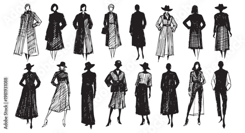 Fashion sketches of women in stylish coats and outfits