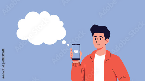 Young man in orange jacket holding smartphone with email icon on screen next to large blank thought bubble for text.