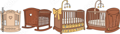 Baby Cribs and Rocking Bassinets Collection with Cute Star Decorations, Wooden Nursery Furniture for Baby Room, and Infant Bedding Design