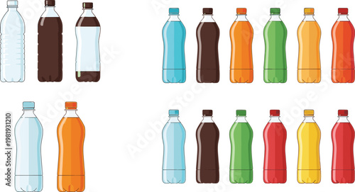 Bottled Drink Set with Various Colors and Labels for Beverage, Packaging, and Drink Illustration Designs