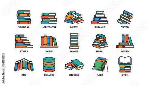 Various arrangements of colorful books in different stacks and alignments