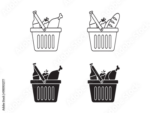 Four black and white illustrations of baskets overflowing with groceries and food items