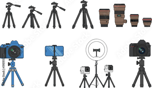Camera and Tripod Set with Different Styles, Lenses, and Stands for Photography, Equipment, and Studio Illustrations