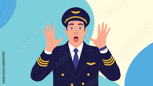 Shocked airline pilot wearing uniform with open mouth and raised hands in panic against a blue abstract background.