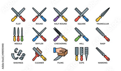 Various types of files and rasps with colored handles for woodworking