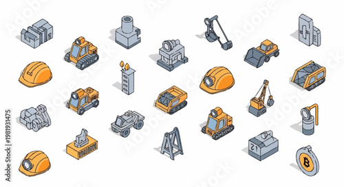 Collection of isometric construction and mining equipment icons, including excavators, trucks, and safety helmets.