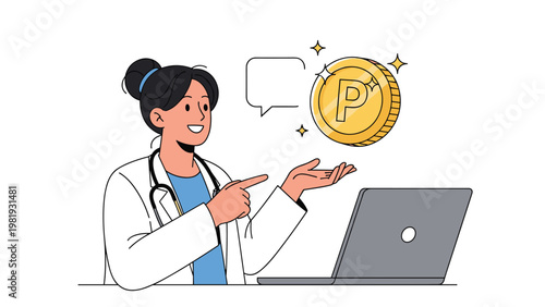 Female doctor in white coat sitting at laptop and gesturing towards large gold reward point coin with sparkling icons.