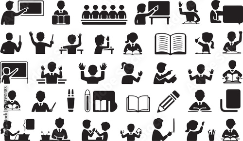 A collection of black and white icons depicting students and teachers in a classroom setting isolated on white background
