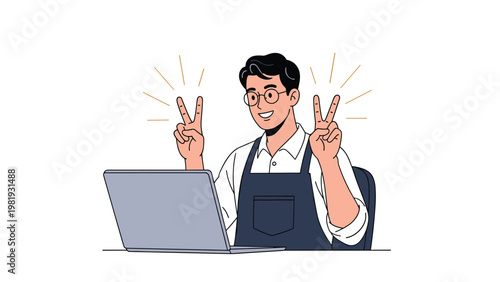 Happy male shop worker wearing apron and glasses sitting at laptop and showing double peace signs with fingers.