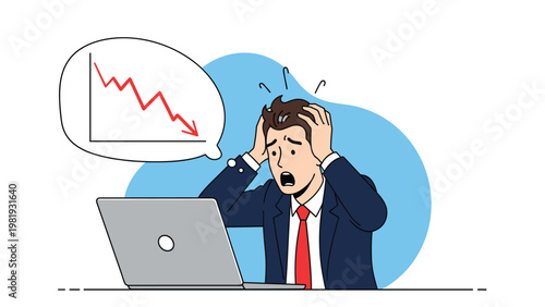 Panicked businessman sitting at laptop with hands on head looking at red declining graph chart in thought bubble.
