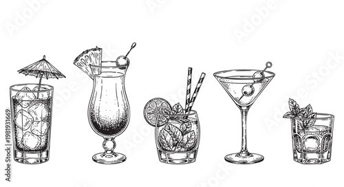 Set of hand drawn alcoholic cocktails isolated on white background