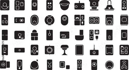 A collection of black and white icons representing various electronic devices isolated on white background