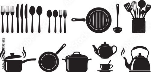  Black silhouette illustrations of kitchen utensils and cookware including cutlery, pots, pans, kettle, teapot, and ladle, ideal for cooking, culinary, or design themes.