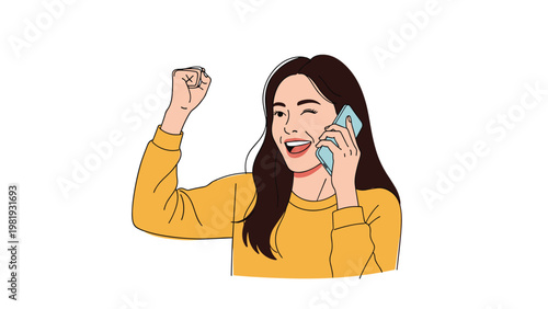 Happy young woman with long brown hair talking on mobile phone and raising fist in celebration with winking face.