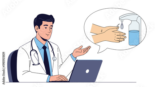 Male doctor at laptop gesturing towards a speech bubble showing hand sanitizer dispenser and proper hand hygiene.