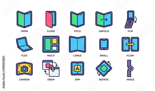 Flexible and versatile device icons representing various functions and features