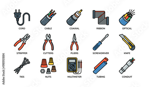Electrician tools: cable, pliers, screwdriver, multimeter, conduit variety