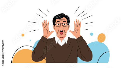 Senior man with glasses looks extremely shocked and raises his hands in surprise against a colorful abstract backdrop.