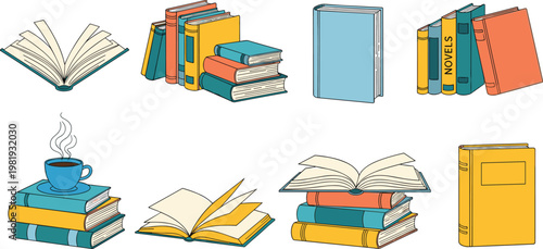 Collection of Books, Opened and Stacked, with Coffee Cup, Book Covers, and Colorful Designs for Education, Reading, and Literature Themes