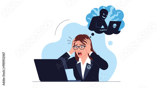 Stressed businesswoman holds her head in panic as she thinks about a dark hooded hacker silhouette on a laptop screen.