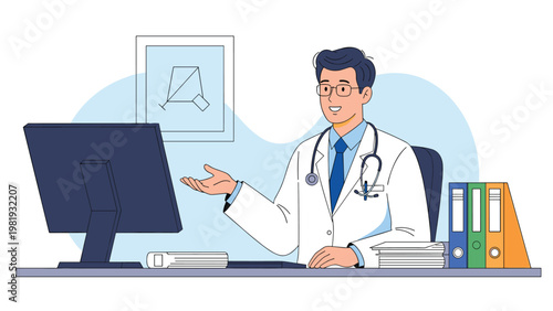 Medical doctor in a white coat sits at his desk and gestures toward a computer monitor while explaining a diagnosis.
