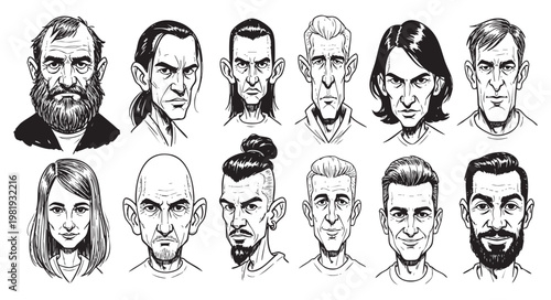 Collection of diverse male and female character portraits in sketch style