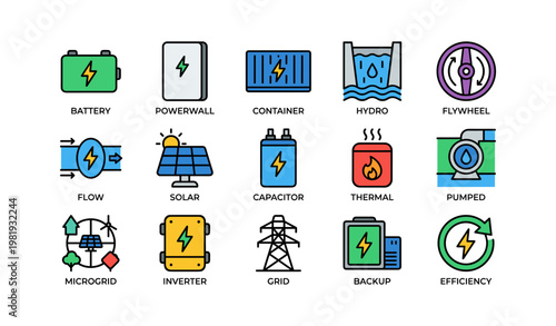 Clean energy icon set: battery, solar, hydro, efficiency, grid system icons