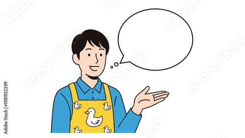 Male teacher or caretaker wearing a yellow apron with duck patterns points towards a large empty thought bubble.