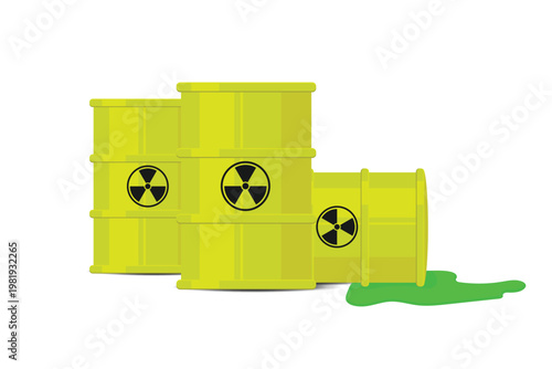 Toxic radioactive nuclear waste barrel with warning sign for environmental danger pollution theme.