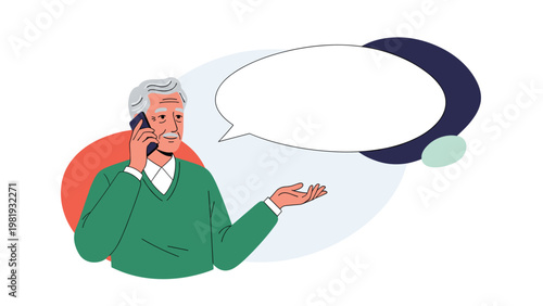 Senior man with grey hair talks on a smartphone and gestures with his hand next to a large blank speech bubble.