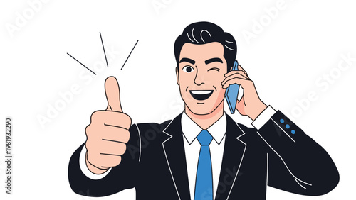 Smiling businessman in a suit winks and gives a thumbs up while holding a mobile phone to his ear during a call.
