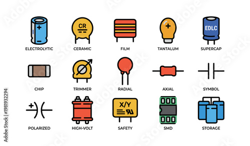 Electrical component icons featuring capacitors, resistors, and more