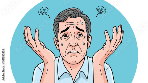 Senior man with grey hair looks confused and holds his hands up while spiraling symbols indicate his bewilderment.