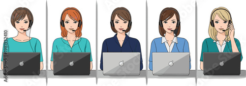 Customer Support Operators Working at Computers, Call Center Team, Telecommunication, and Customer Service Illustration