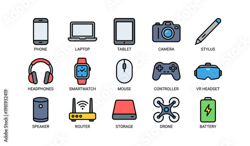 Colorful set of electronic devices and gadgets icons illustrated