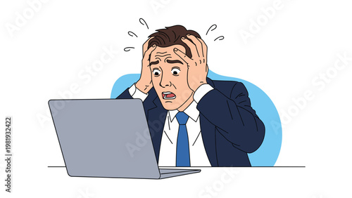 Stressed businessman in a navy suit stares at his laptop screen and holds his head in a state of extreme panic.