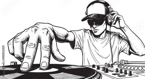 Dj scratching vinyl record on turntable isolated on white background