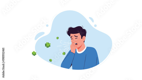 Man in a blue shirt covers his mouth while coughing or sneezing as green virus particles spread through the air.
