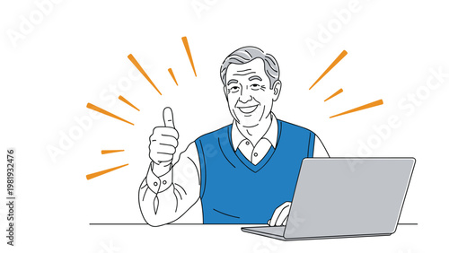 Happy senior man gives a thumbs up while sitting in front of his laptop with bright orange rays of light around him.